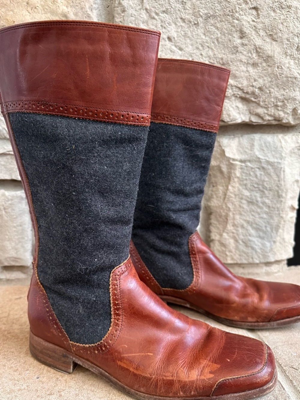 Wolverine Tall, Two-Tone, Brown Leather, and Grey Wool Riding Boots, Women’s 9 - Picture 7 of 14